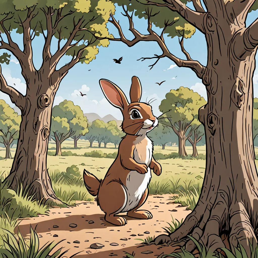 a rabbit is sitting in the middle of a forest with trees and grass around it, looking up at the sky, magical realism, a storybook illustration, Chris LaBrooy, storybook illustration
