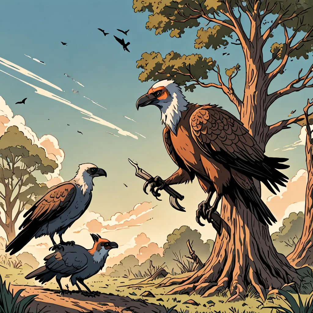 a group of birds sitting on top of a tree branch in a forest next to a tree with a sky background, environmental art, a comic book panel, Asaf Hanuka, birds