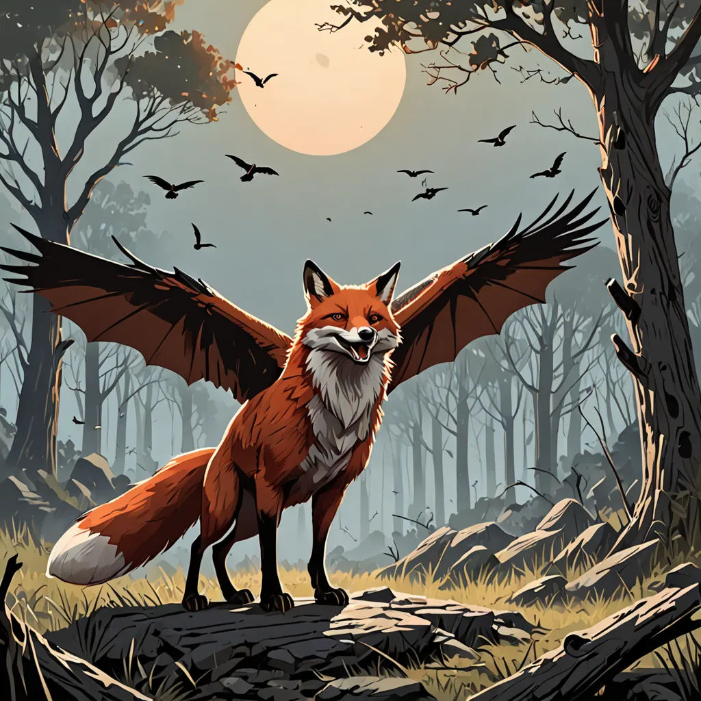 a red fox with wings spread out standing in a forest with bats flying around it and a full moon in the background, fantasy art, a storybook illustration, Dan Mumford, comic cover art