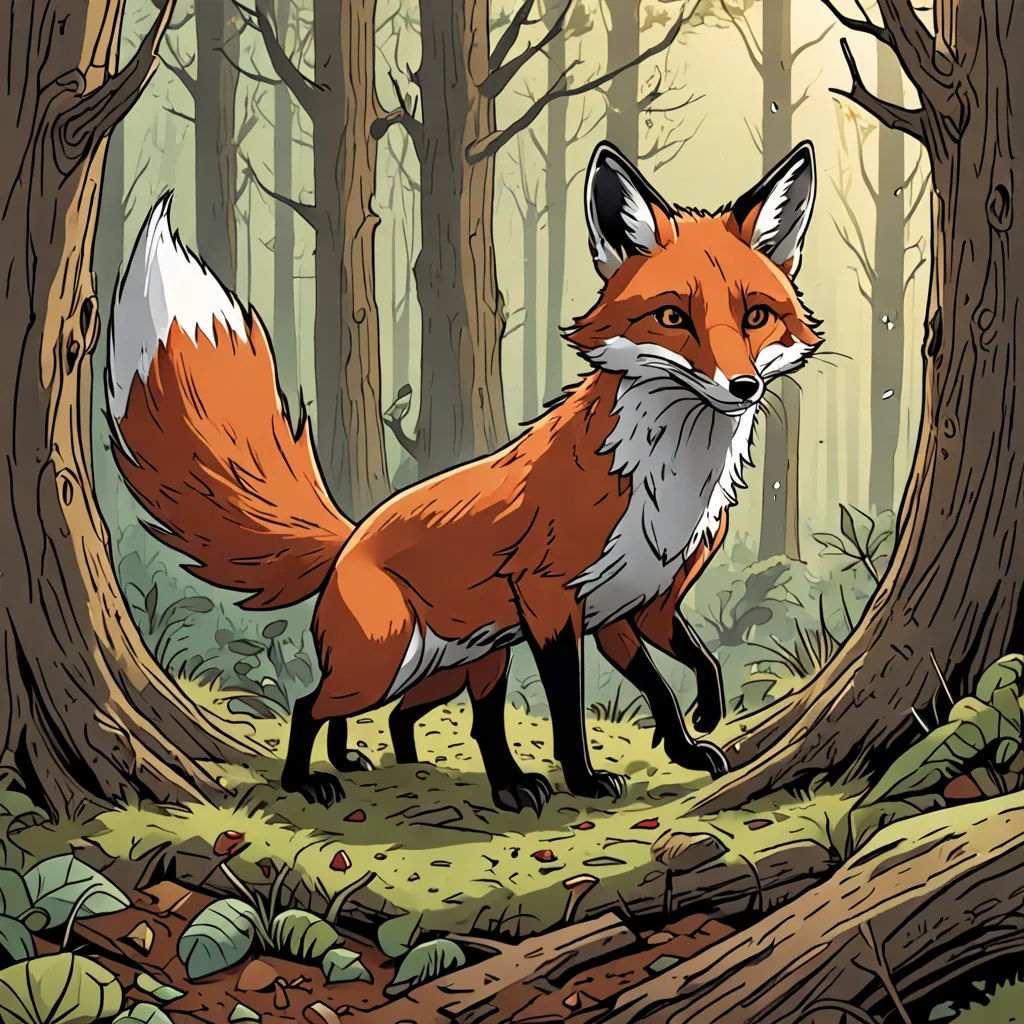 a red fox standing in a forest next to a tree trunk and a fallen log with leaves on it, furry art, a storybook illustration, Dan Mumford, josan gonzales and dan mumford