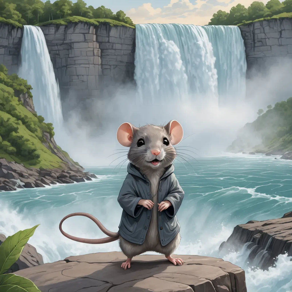 a mouse standing on a rock in front of a waterfall with a waterfall in the background and a waterfall in the background, fantasy art, a storybook illustration, Chris LaBrooy, kinkade