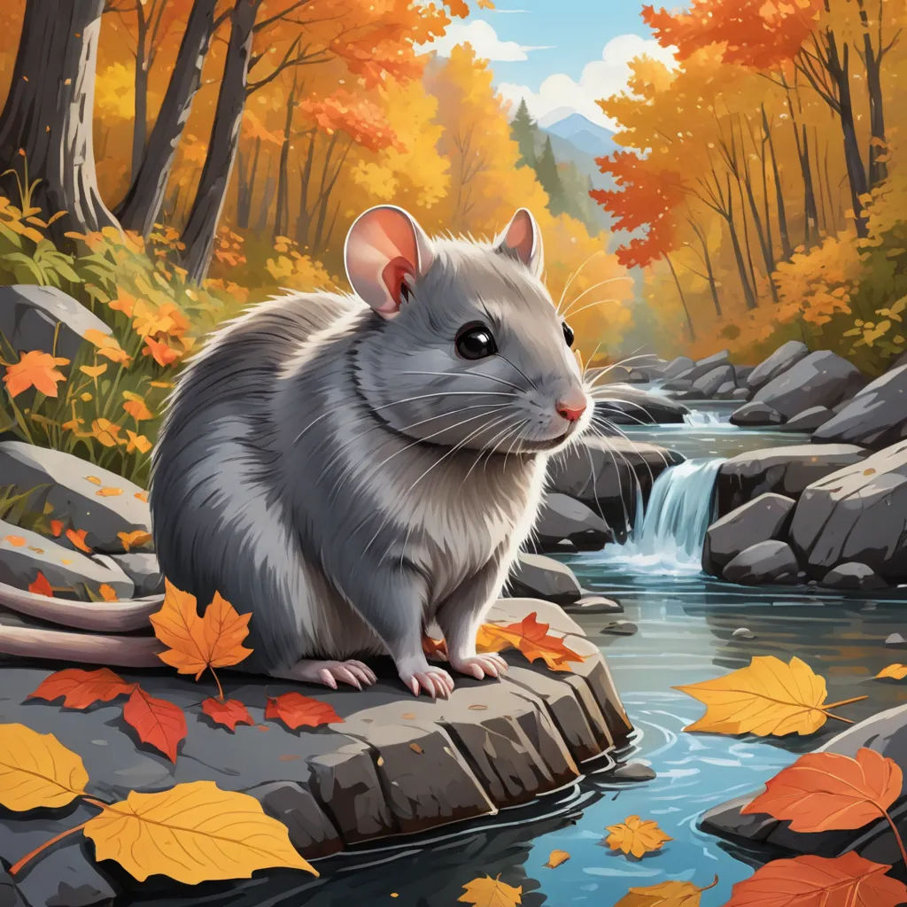 a mouse sitting on a rock in a forest with leaves around it and a stream running through it, with a waterfall in the background, fantasy art, a storybook illustration, Chris LaBrooy, storybook illustration