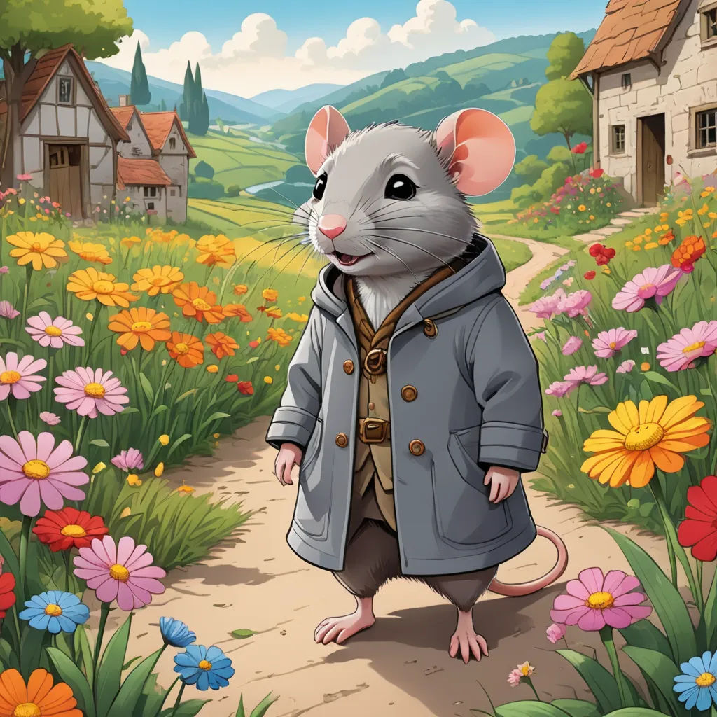 a mouse in a coat standing in a field of flowers and flowers with a house in the background and a path leading to it, sots art, a character portrait, Chris LaBrooy, official art