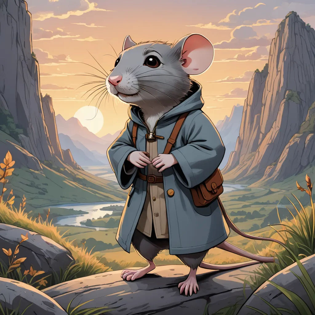 a cartoon mouse in a blue coat standing on a rock in a mountainous area with a river and mountains in the background, fantasy art, a character portrait, Chris LaBrooy, magic the gathering artwork