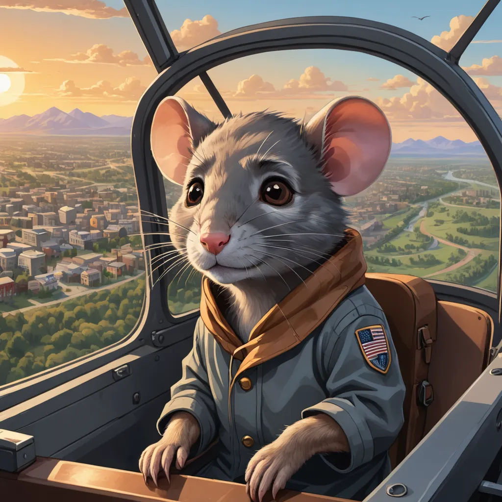 a mouse in a pilot's seat looking out the window of a plane at the city below it, sots art, a character portrait, Aaron Jasinski, trending on art station