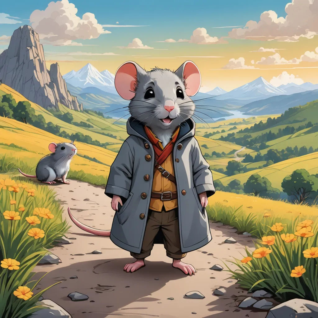 a cartoon mouse standing on a path with a mountain in the background and a field of flowers in the foreground, sots art, a character portrait, Chris LaBrooy, official art