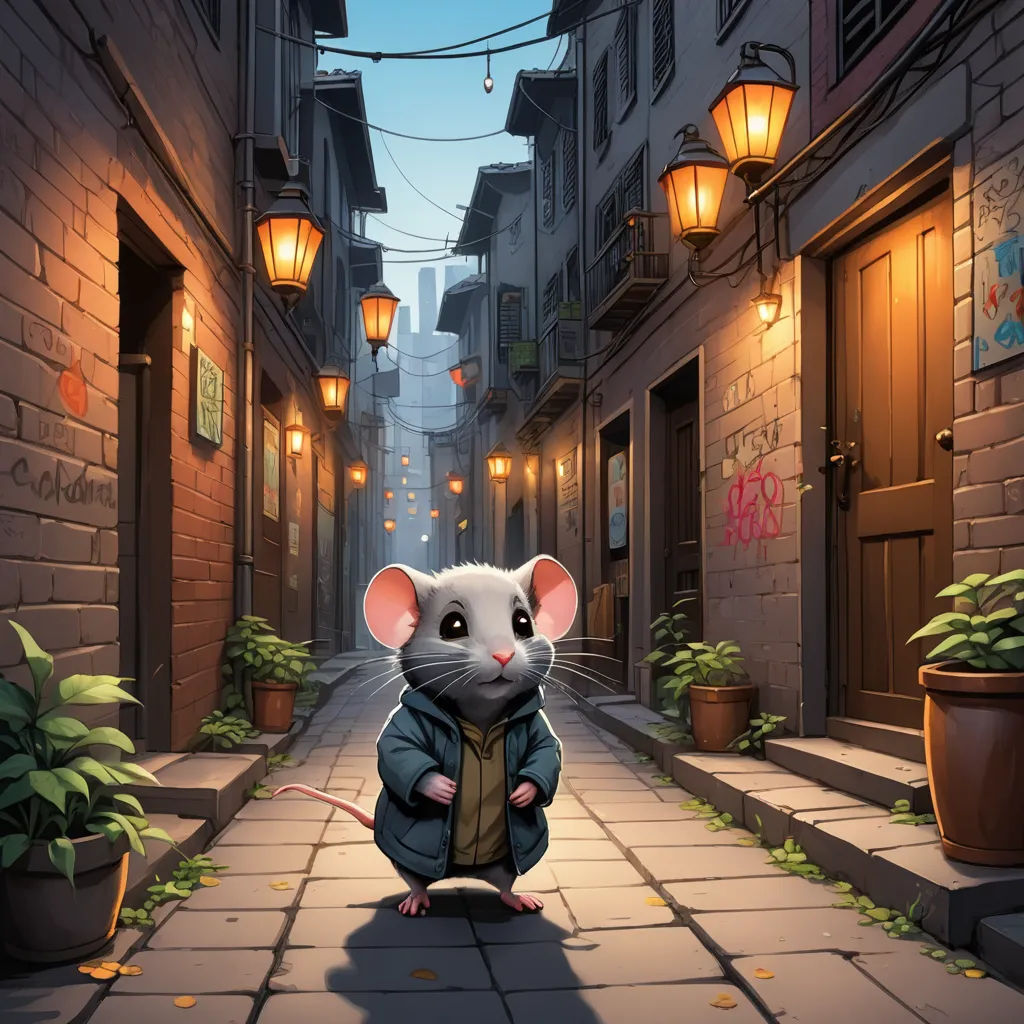 a rat is standing on a street in a city at night with a lantern on the side of the street, furry art, a storybook illustration, Evgeny Lushpin, kinkade