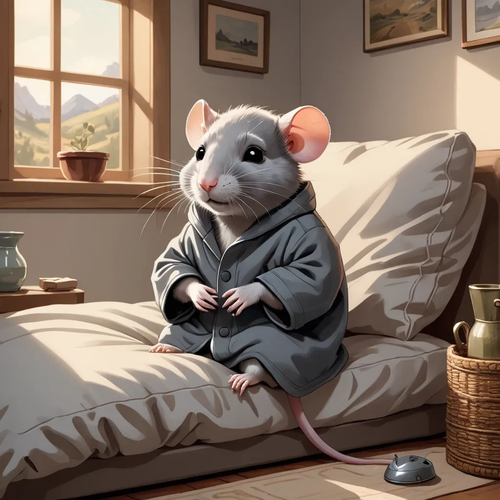 a mouse sitting on a bed with a blanket on it's back and a mouse in a robe on its lap, furry art, a storybook illustration, Beatrix Potter, storybook illustration