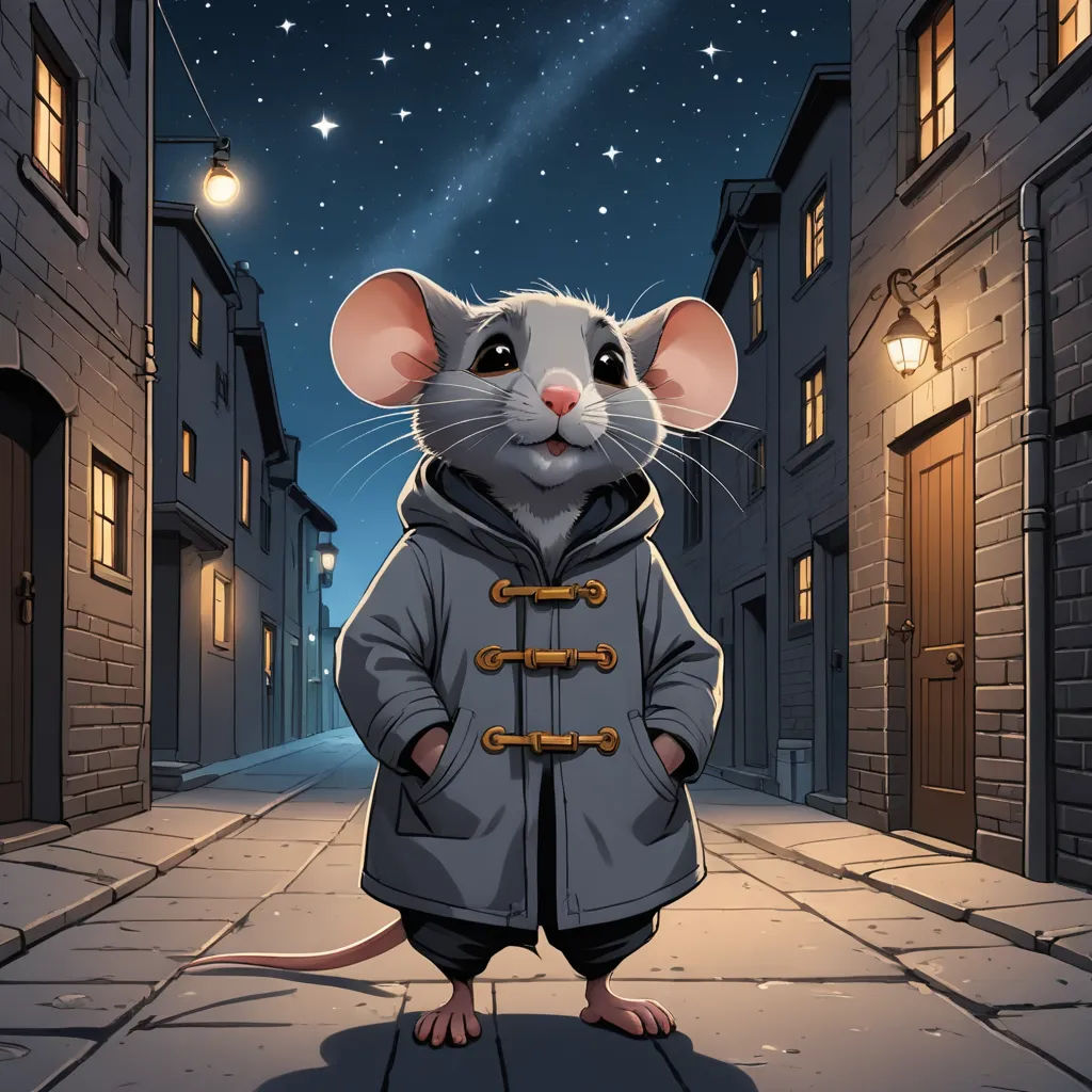 a cartoon mouse in a coat standing on a street at night with stars in the sky above it and a street light in the background, furry art, a storybook illustration, Dan Mumford, comic cover art