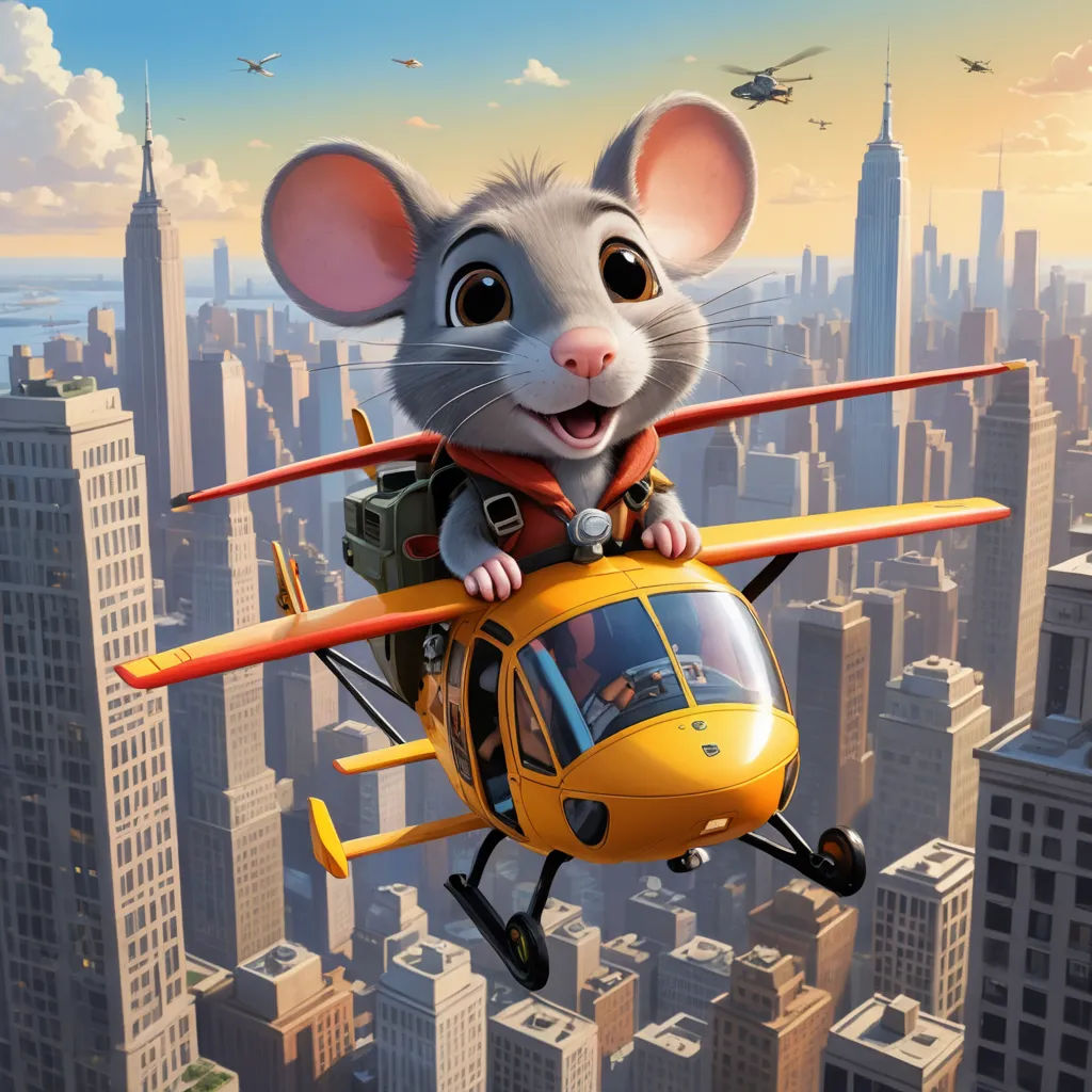 a mouse flying in a helicopter over a city with a helicopter in the air and a helicopter in the air, sots art, a detailed matte painting, Cliff Childs, promotional image