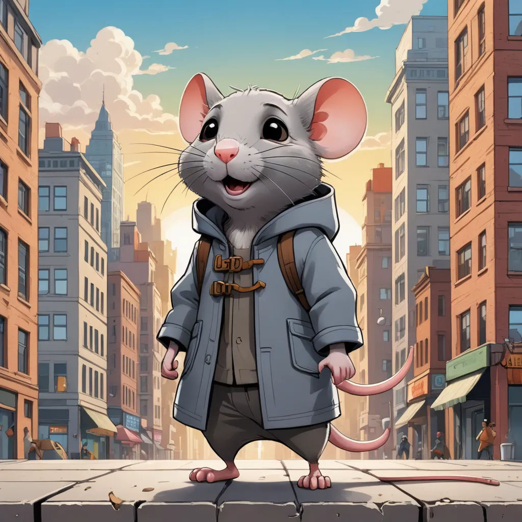 a cartoon mouse standing on a city street with buildings in the background and a sky background with clouds and buildings, sots art, a character portrait, Art Spiegelman, official art