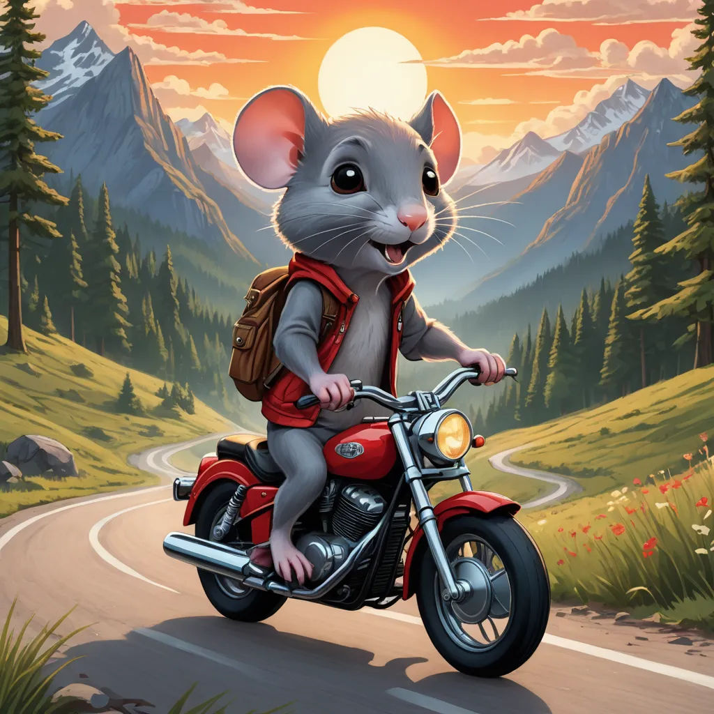 a mouse riding a motorcycle on a road with mountains in the background and a sunset in the background with clouds, sots art, a storybook illustration, Chris LaBrooy, trending on art station