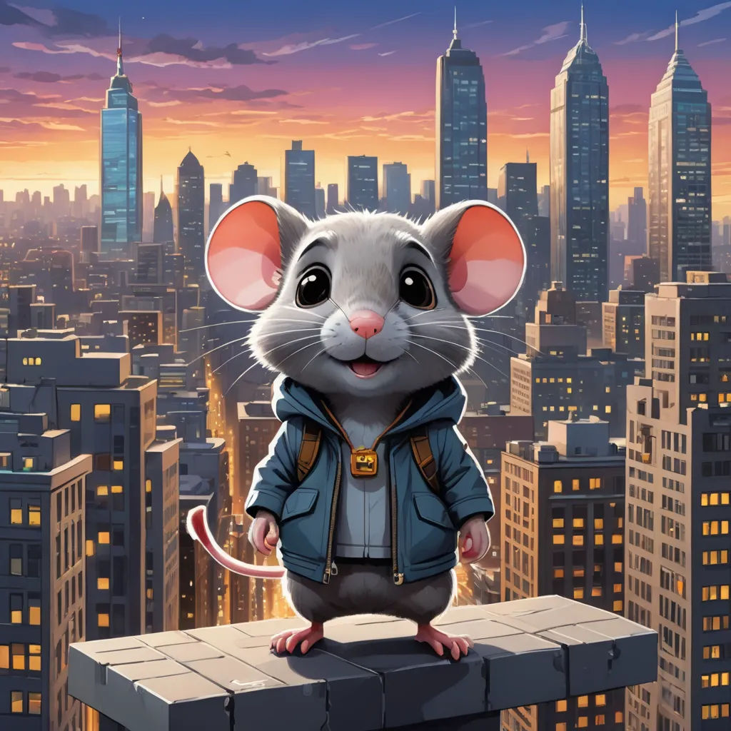 a mouse standing on a ledge in front of a cityscape at sunset with a cityscape in the background, sots art, a storybook illustration, Art Spiegelman, city background