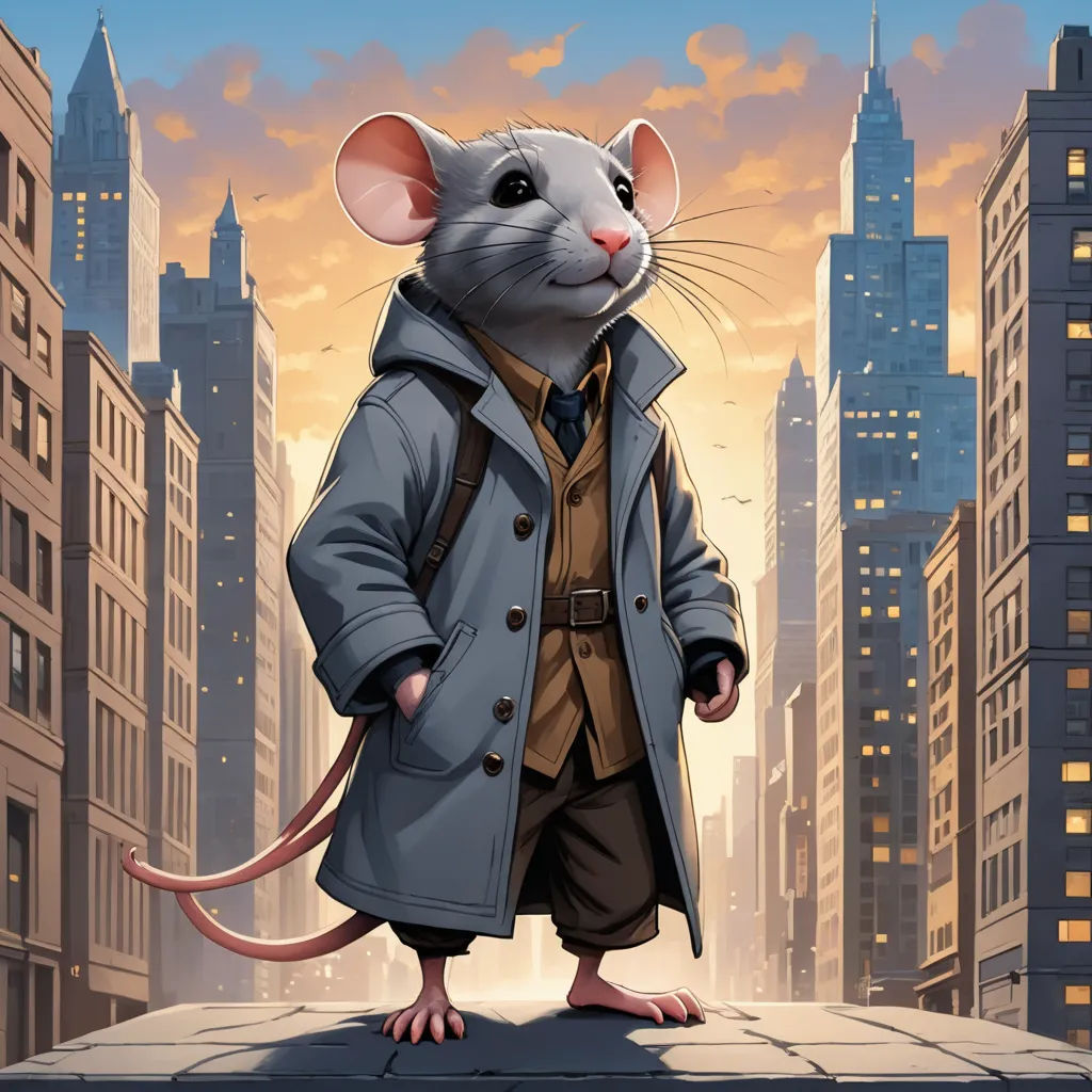 a cartoon mouse in a coat standing on a ledge in a cityscape with skyscrapers in the background, altermodern, a character portrait, Art Spiegelman, official art