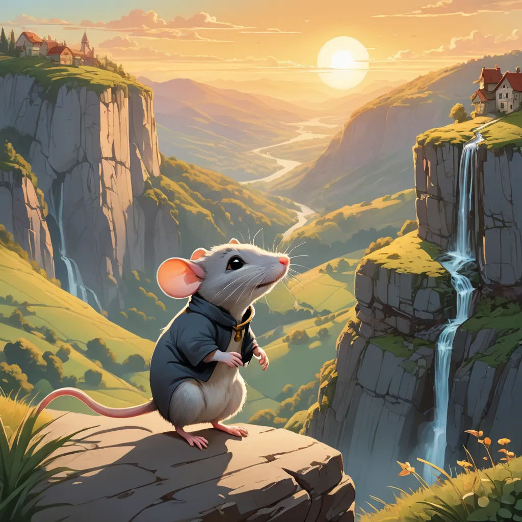 a mouse sitting on a rock looking at a waterfall and a house in the distance with a waterfall in the background, fantasy art, a storybook illustration, Chris LaBrooy, rossdraws global illumination