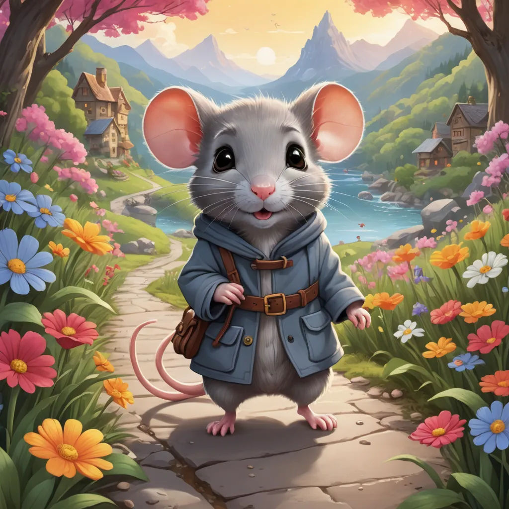 a mouse in a blue coat standing on a path in a flowery forest with a house in the background, sots art, a character portrait, Daphne McClure, kinkade