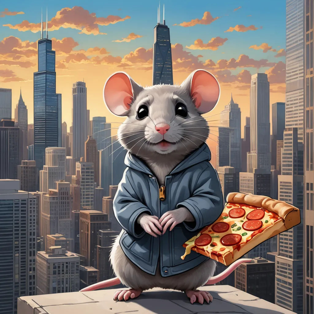 a mouse holding a slice of pizza in front of a cityscape with skyscrapers in the background, furry art, a character portrait, Art Spiegelman, trending on furaffinity
