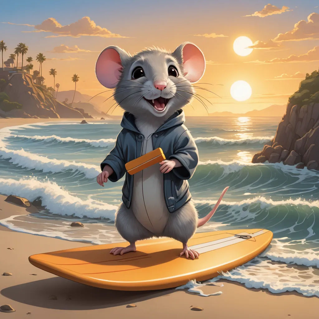 a cartoon mouse standing on a surfboard on the beach at sunset or sunrise with waves crashing in the background, sots art, a digital painting, Chris LaBrooy, kinkade
