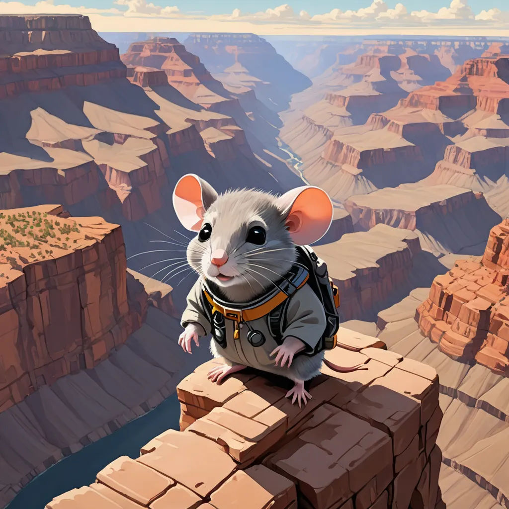 a mouse sitting on a ledge in a canyon with a view of the canyon below it and a river running through it, space art, a matte painting, Chris LaBrooy, trending on art station