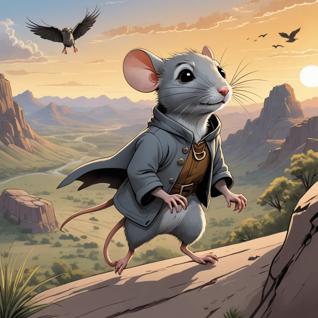 a mouse in a suit standing on a rock with a bird flying above it and a mountain in the background, fantasy art, a character portrait, Cliff Childs, magic the gathering artwork