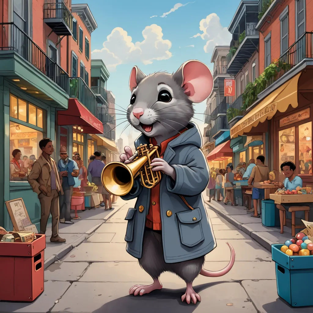 a cartoon mouse playing a trumpet in a street with people in the background and a man in a suit, furry art, a storybook illustration, Chris LaBrooy, key art