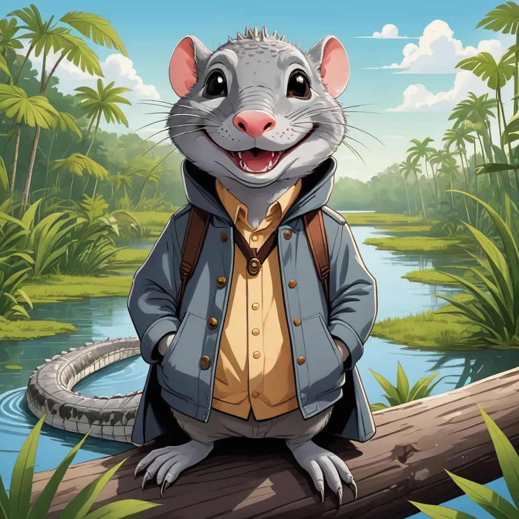 a rat in a blue jacket is sitting on a log in the jungle with a crocodile in the background, sots art, a character portrait, Chris LaBrooy, official art