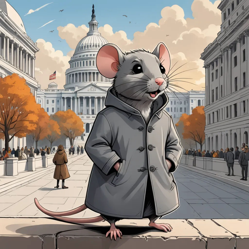 a cartoon mouse in a coat standing on a ledge in front of a building with a capitol building in the background, furry art, a storybook illustration, Art Spiegelman, storybook illustration