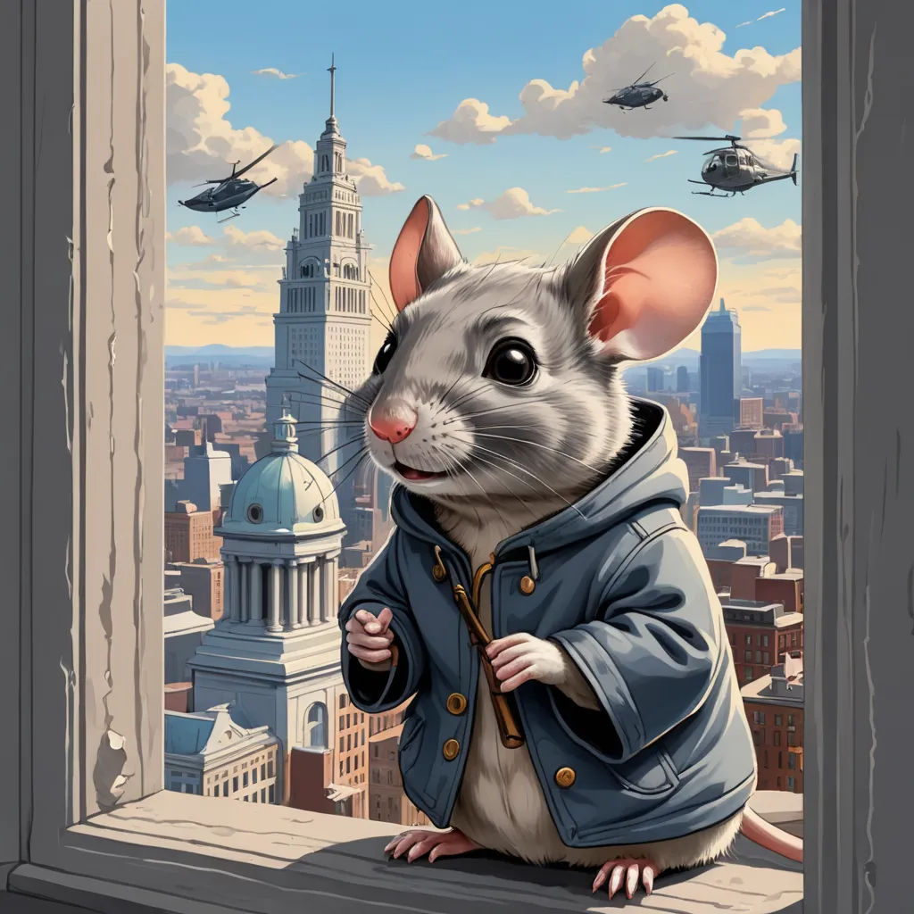a mouse in a blue jacket looking out a window at a cityscape with helicopters flying overhead, sots art, a storybook illustration, Art Spiegelman, highly detailed digital painting