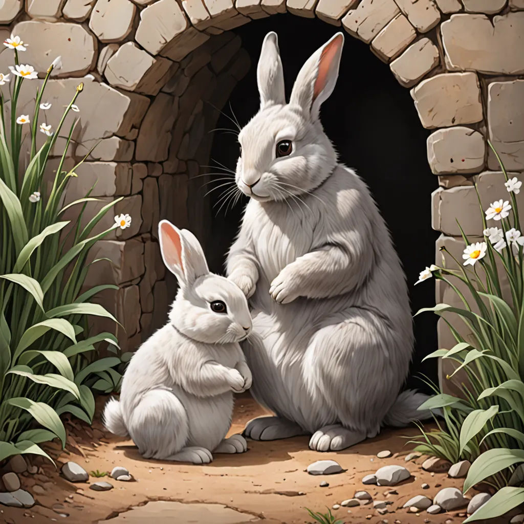 a painting of two rabbits sitting in a stone tunnel with flowers and grass around them, with a stone wall and stone doorway, furry art, a storybook illustration, Ed Binkley, official art