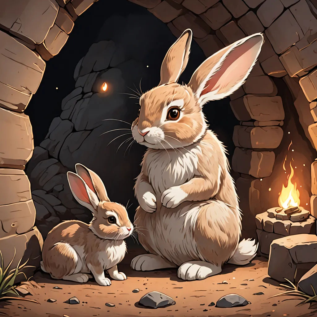 a rabbit and a rabbit sitting in front of a fireplace with a glowing light in the background and a stone wall, furry art, a storybook illustration, Chris LaBrooy, rossdraws global illumination