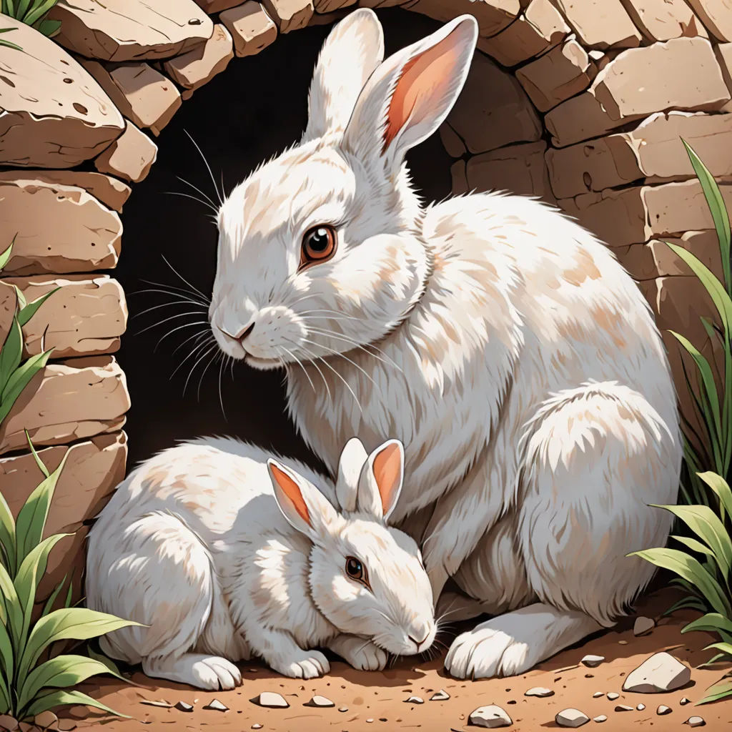a rabbit and her baby are sitting in a hole in the ground with grass and rocks around them,, furry art, a storybook illustration, Beatrix Potter, rossdraws global illumination