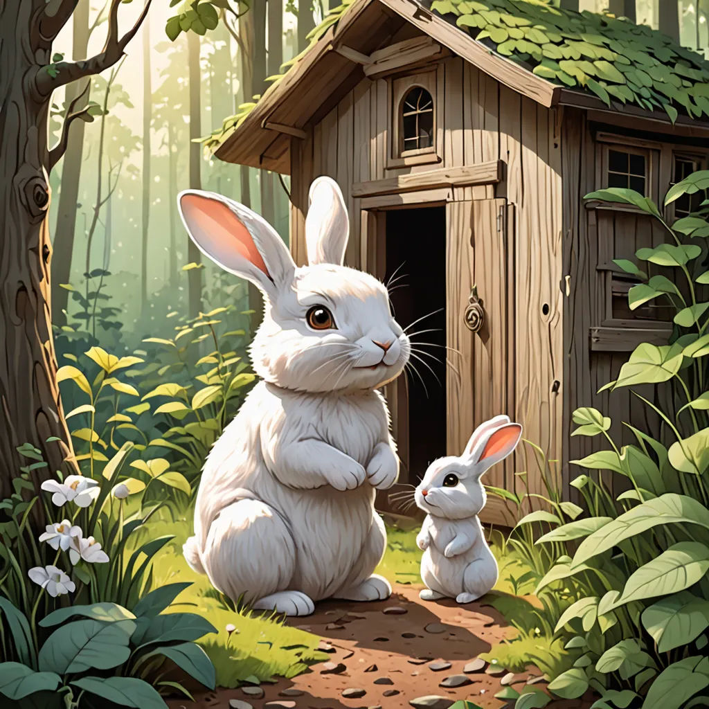 a painting of a rabbit and its baby in a forest with a birdhouse in the background and flowers in the foreground, magical realism, a storybook illustration, Chris LaBrooy, rossdraws global illumination