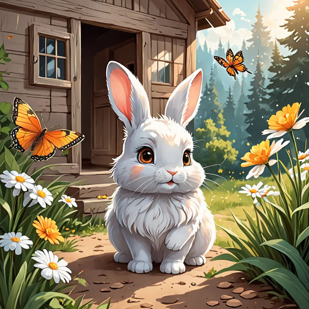 a white rabbit sitting in front of a house with butterflies flying around it and a butterfly flying above it, fantasy art, a storybook illustration, Anne Said, high detail illustration