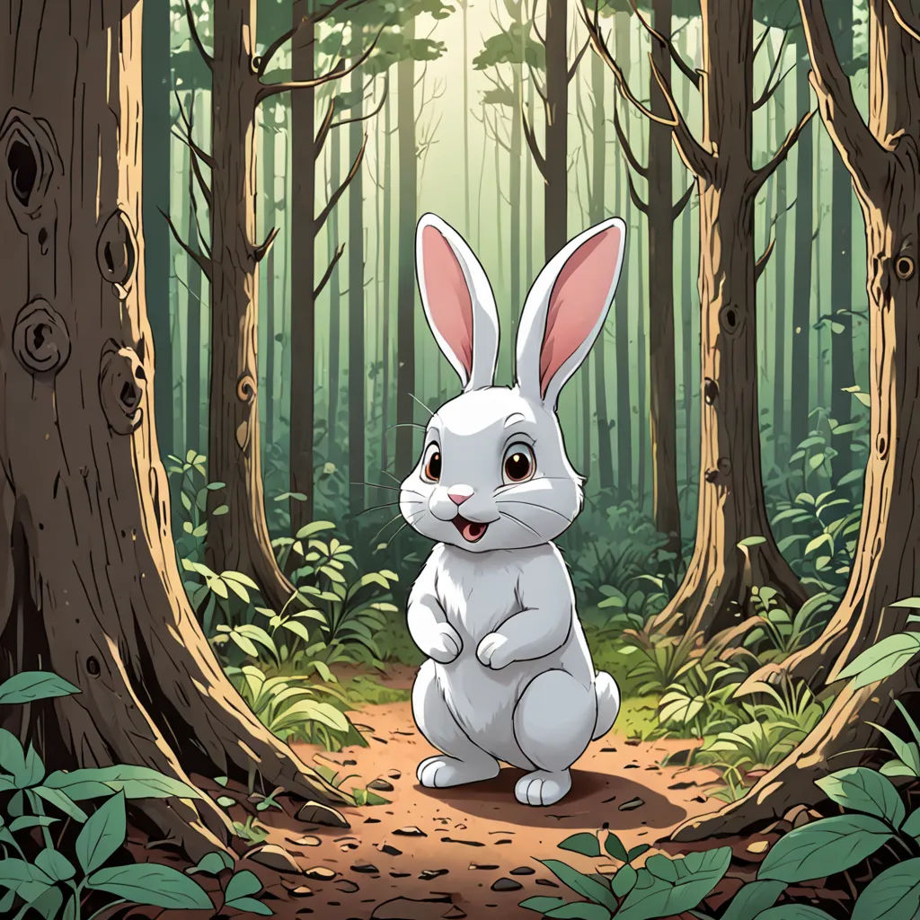 a white rabbit sitting in the middle of a forest with trees and leaves around it, with a sunbeam in the background, sōsaku hanga, a storybook illustration, Chiho Aoshima, official art