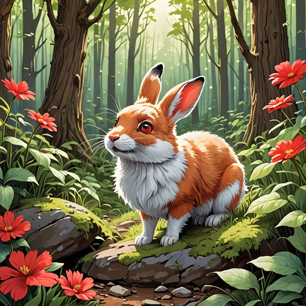 a painting of a rabbit in a forest with flowers and rocks and trees in the background, with a bright sun shining through the trees, altermodern, a character portrait, Chris LaBrooy, rossdraws global illumination