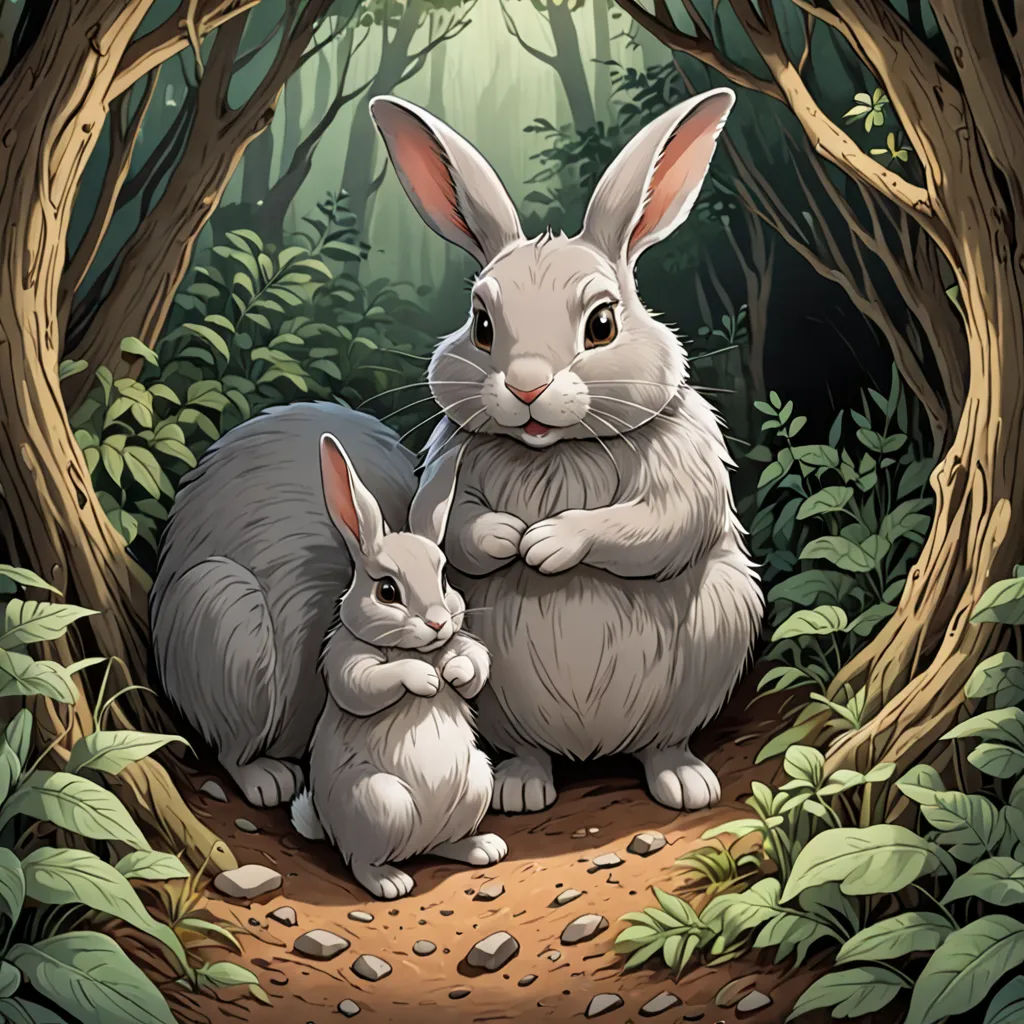 a rabbit and her baby are sitting in the woods together, surrounded by trees and foliage, with a path leading to them, furry art, a storybook illustration, Beatrix Potter, storybook illustration