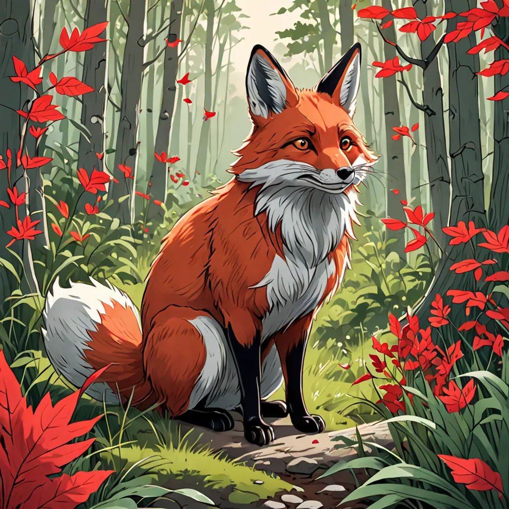 a red fox sitting in a forest with red flowers on the ground and a path leading to it's entrance, furry art, a character portrait, Dan Mumford, red