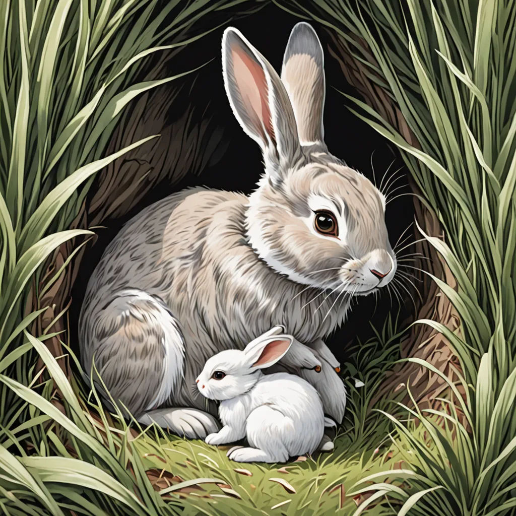 a rabbit and a baby rabbit are sitting in a hole in the grass, with the rabbit looking at the camera, magic realism, a storybook illustration, Beatrix Potter, in gouache detailed paintings