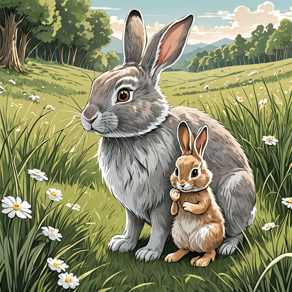 a painting of a rabbit and a rabbit sitting in a field of grass and daisies with trees in the background, furry art, a storybook illustration, Beatrix Potter, storybook illustration