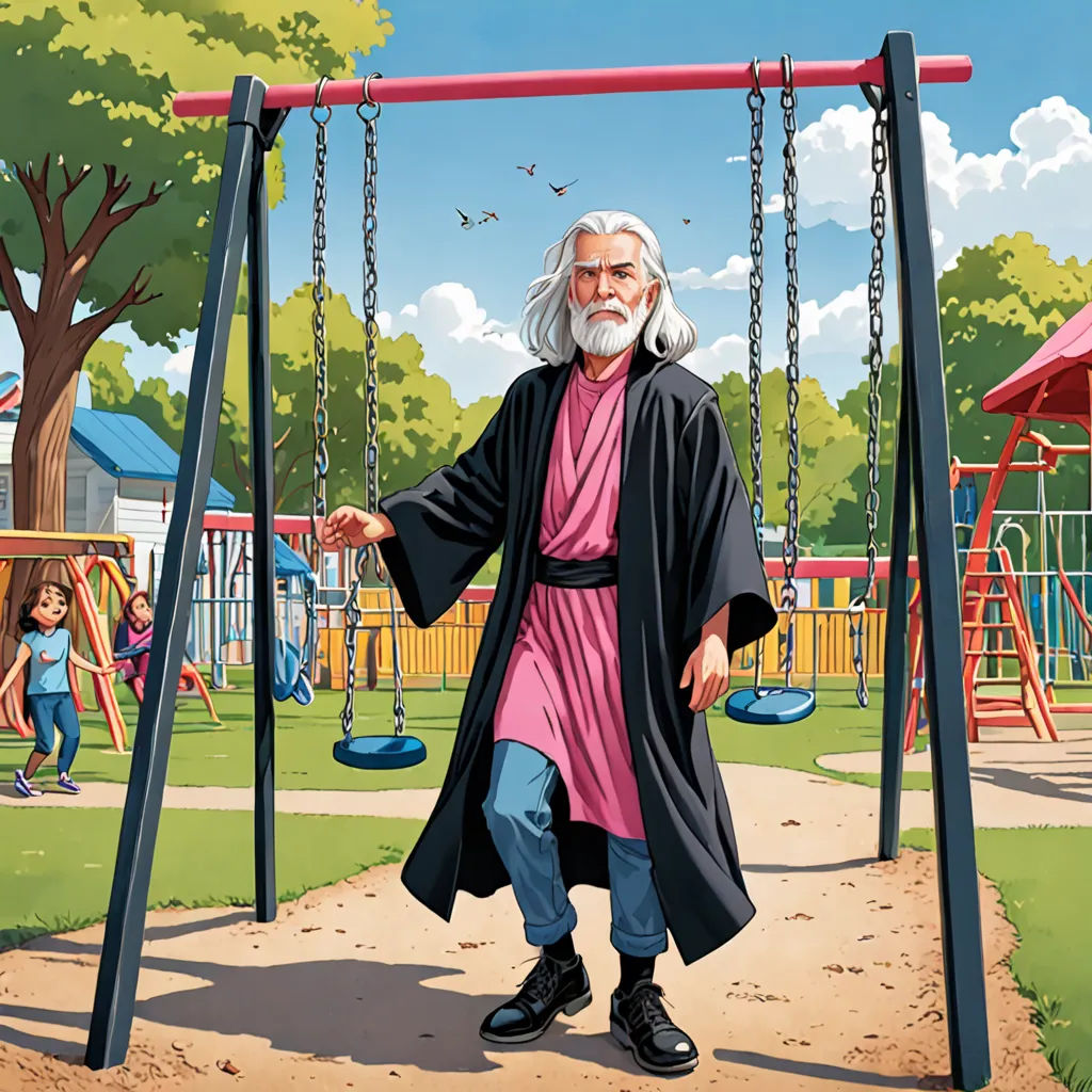 a man in a pink shirt and black coat standing on a swing set in a park with a child's play area, F Scott Hess, rayonism, a storybook illustration, storybook illustration