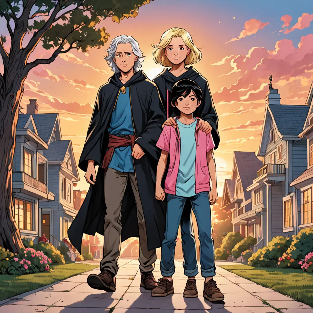 a family standing on a sidewalk in front of a sunset with houses in the background and a tree in the foreground, Everett Warner, rayonism, poster art, official art