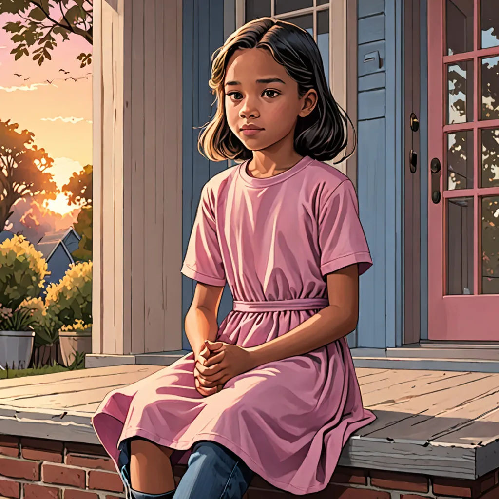 a painting of a girl sitting on a porch ledge with a dog in the background and a house in the background, F Scott Hess, american realism, a comic book panel, graphic novel