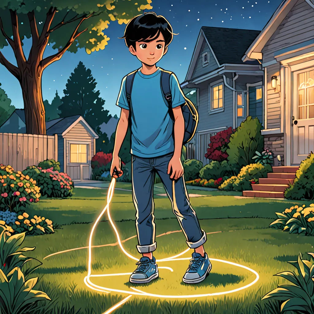 a boy with a backpack is standing in a yard with a neon light in his hand and a house in the background, Asaf Hanuka, serial art, a storybook illustration, promotional image