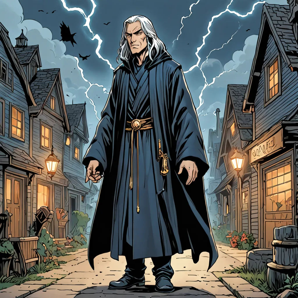 a man in a black robe standing in front of a house with a lightning bolt in the background and a black cat on the ground, Dirk Crabeth, fantasy art, a comic book panel, comic cover art