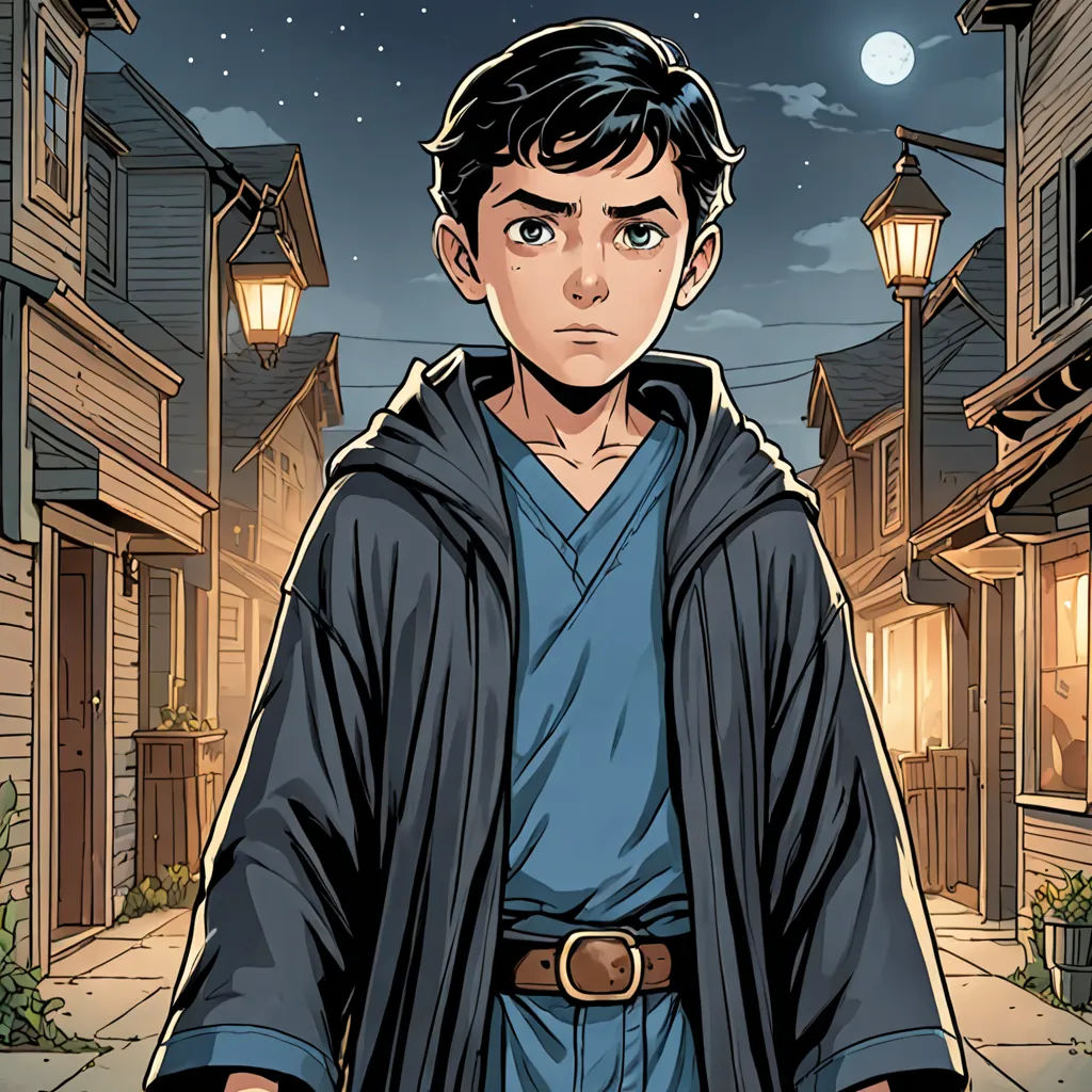 a man in a blue shirt and a black jacket is standing in front of a street with a lamp post, Everett Warner, fantasy art, a comic book panel, comic cover art