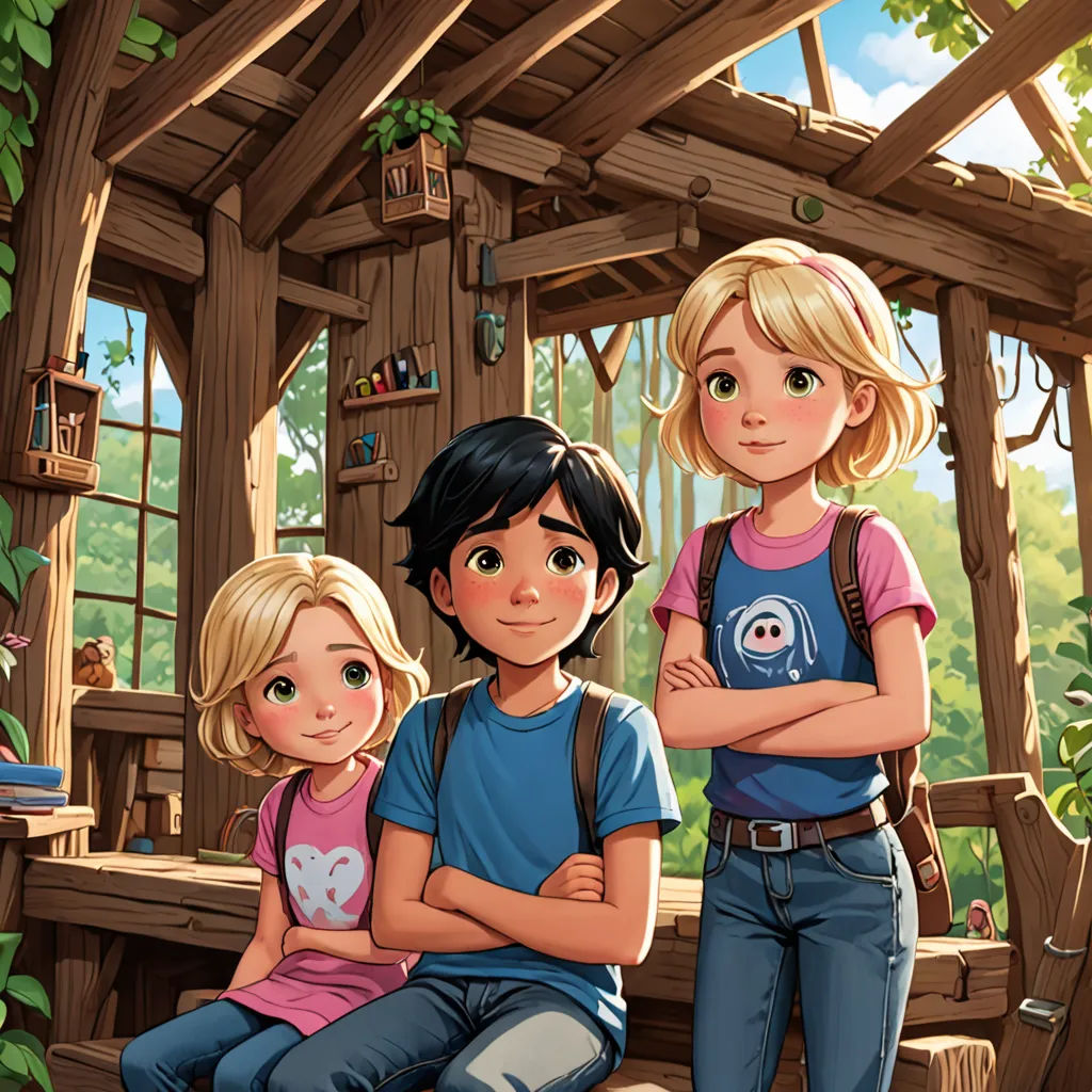 a painting of two girls and a boy in a cabin with a bird feeder on the roof and a bird feeder on the roof, Cliff Childs, sots art, a storybook illustration, official art