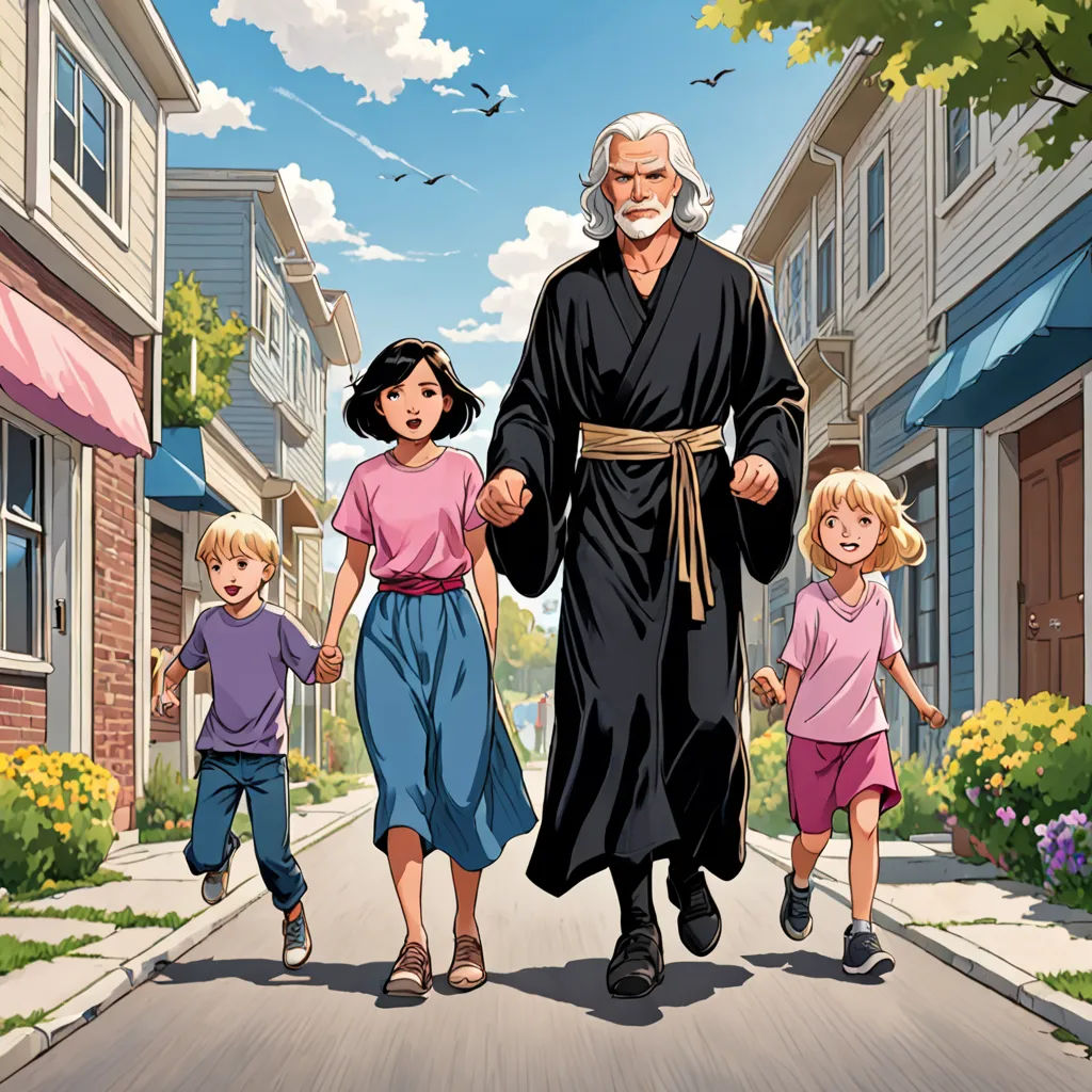 a man walking with two children down a street in front of a house and a woman holding hands with two children, F Scott Hess, rayonism, a comic book panel, official art