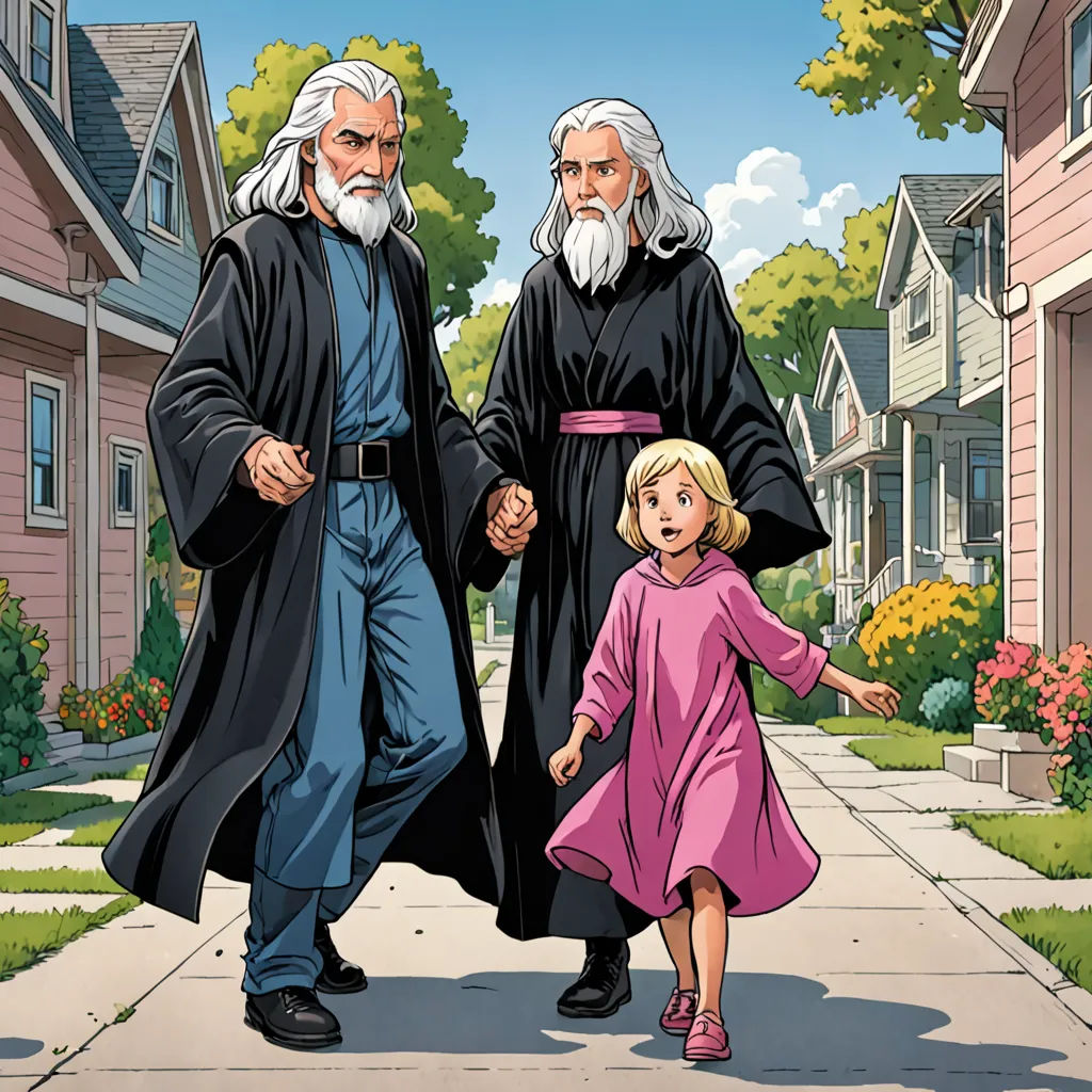 a cartoon of a man and a little girl walking down a street with a man holding the hand of a little girl, Brothers Hildebrandt, fantasy art, a comic book panel, promotional image