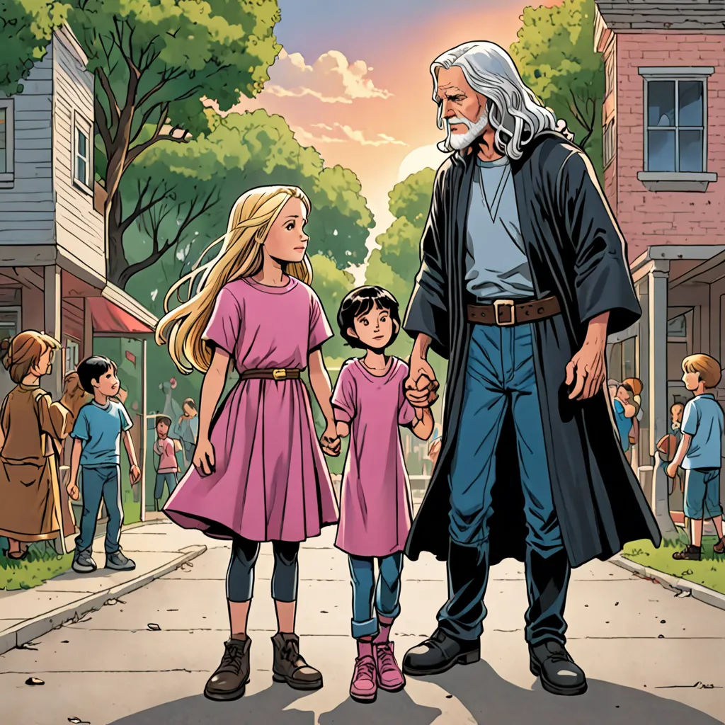 a man and two children standing on a street with a man in a long coat and a woman in a pink dress, Drew Struzan, american scene painting, a comic book panel, comic cover art