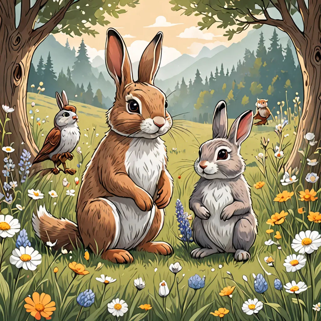 a painting of two rabbits sitting in a field of flowers and trees with a bird on the ground behind them, Chris LaBrooy, naive art, a storybook illustration, josan gonzales and dan mumford